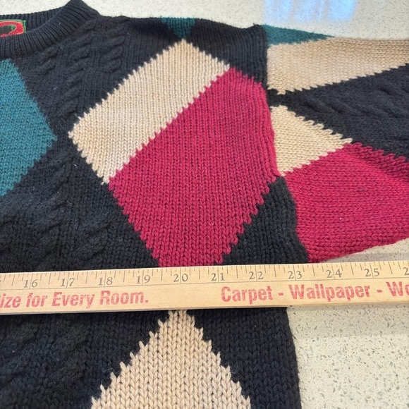 VTG 90s Boston Traders Men's Sweater Large Black 100% Wool Color Block Crewneck - Picture 8 of 13